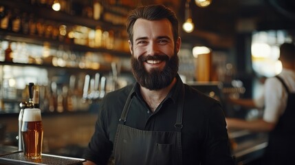 Happy bearded bartender posing at the counter with a beer in a pub