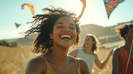 Joyful Group Celebration of Friendship with Kites Soaring High in Summer