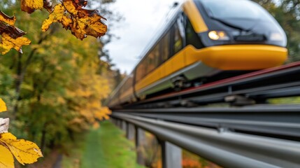 Autumn transit system with yellow train blending with the seasonal scenery