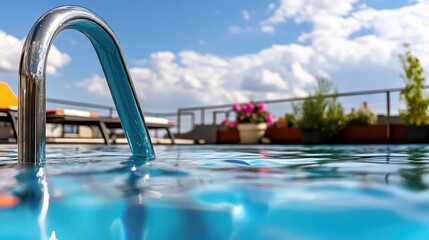Rooftop pool ladder view with clear water under the bright sky atmosphere
