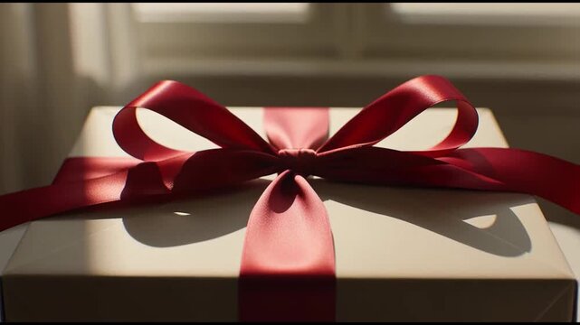 Gift Box with Red Ribbon Closeup.