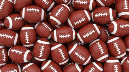 American Football Background with Many Small Brown Leather Balls, Sports Equipment Pattern, Game Day Championship Banner, College Football Season Texture