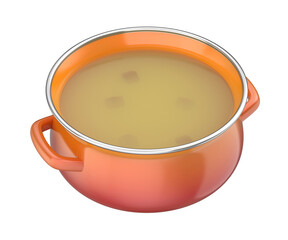 Enamel cooking pot filled with soup on transparent background