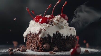 Indulgent chocolate cake with whipped cream and vibrant cherries, artistic presentation