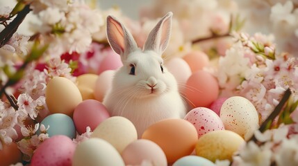 Springtime Celebration: White Rabbit Surrounded by Pastel Easter Eggs and Blossoms