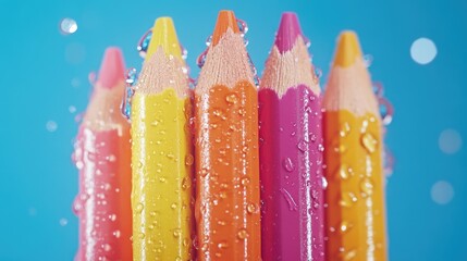 Vibrant colored pencils with water droplets against a serene blue backdrop