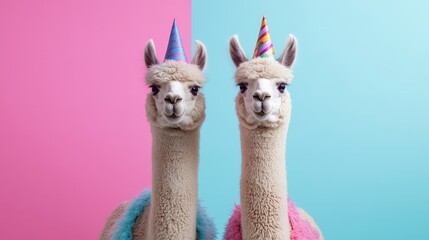 Two celebratory llamas adorned with party hats on a split backdrop