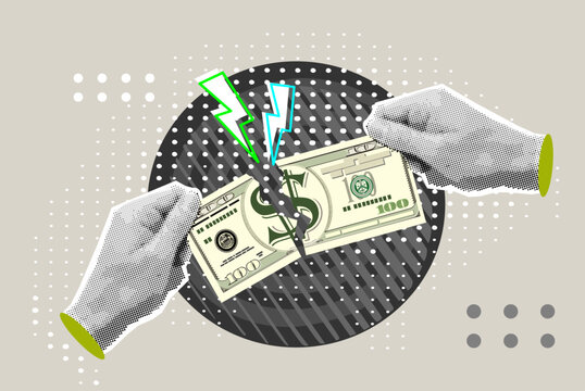 Trendy Halftone Collage businessman hands tearing apart money banknote into two peaces. Modern collage style. Vector illustration