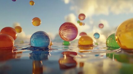 Abstract colorful marbles floating on water surface under serene sky artwork
