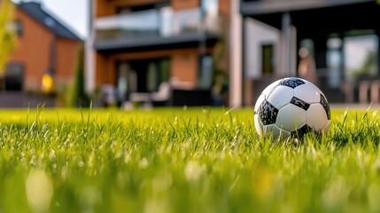 A soccer ball sitting peacefully on a lush lawn of grass near a home
