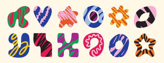 Set of round Abstract colorful Backgrounds or Patterns. Hand drawn doodle shapes. Spots, drops, curves, Lines. Contemporary modern trendy Vector illustration. Posters, Social.