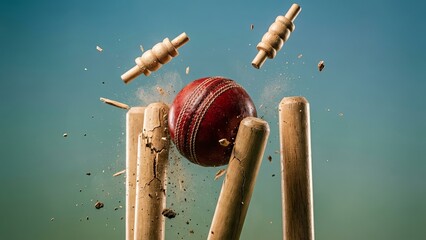cricket ball breaking wooden stumps with flying pieces on blue sky,fast cricket delivery smashing wickets,close up of cricket ball striking stumps against clear sky