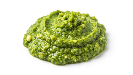 A vibrant green pesto sauce on a white background