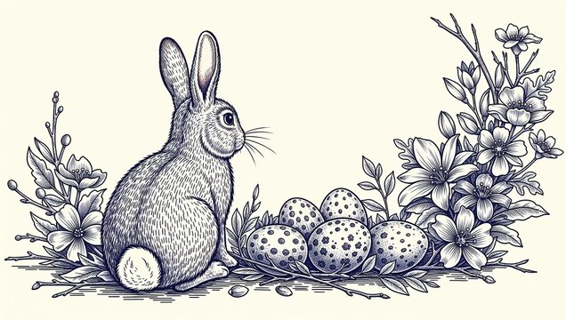 Cute rabbit sitting near decorated Easter eggs and spring flowers. Traditional Easter holiday symbol drawing for greeting card.