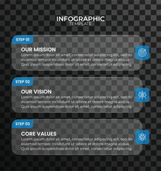 Modern Blue Business Infographic Template for Company Mission, Vision, and Core Values. 3 Step Glassmorphism Layout for Professional Presentations.