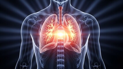 Human torso with highlighted lungs and respiratory system in a dramatic blue-lit environment