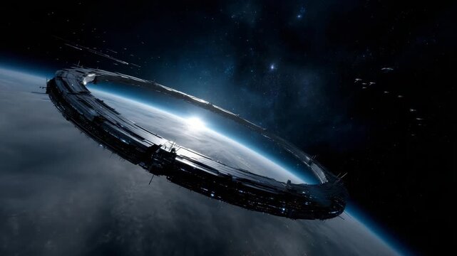 massive futuristic space station orbiting Earth, circular modular structure with illuminated inner ring and metallic surfaces, detailed docking modules and connecting arms