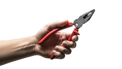 Hand holding red and black insulated combination pliers against transparent background