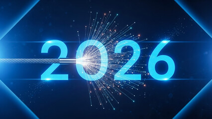 A futuristic digital illustration of the year 2026 in glowing blue numbers with sparkling effects