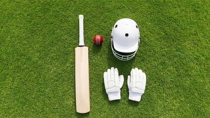 cricket equipment flat lay with bat ball helmet and gloves on grass, cricket gear arranged on green field in clean top view, cricket bat ball and safety gear in minimal sports flat lay