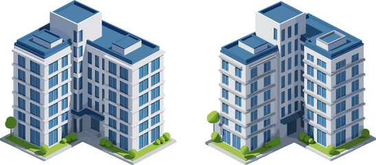 Isometric modern office building 3d illustration, architectural city apartment block with blue windows, urban real estate exterior design isolated on white background. © ASH Labs
