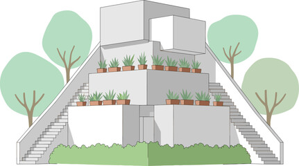 Modern architectural sketch of terraced building with green plants, minimalist urban garden design with stairs and trees, sustainable eco friendly architecture vector illustration. © ASH Labs