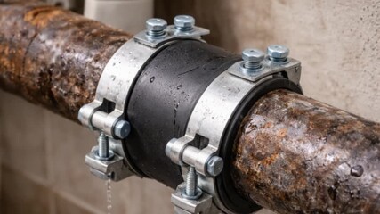 Pipe repair clamp tightly secures rubber patch on old pipe, demonstrating emergency plumbing fix for leaks in residential maintenance.