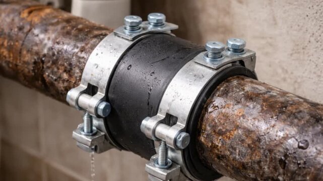 Pipe repair clamp tightly secures rubber patch on old pipe, demonstrating emergency plumbing fix for leaks in residential maintenance.