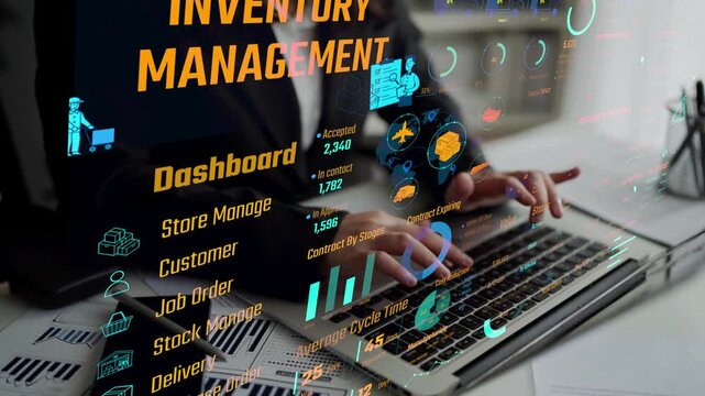 Inventory management dashboard showing supply chain performance, stock levels, order cycle times, cost reduction, and procurement ROI. Inventory tracking, and streamline warehouse efficiency. Thunk