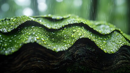 Macro shot of rain falling over layered green moss and textured wood, featuring crystal clear water droplets and a fresh forest vibe.