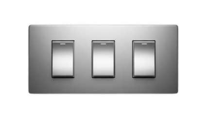 Brushed metal triple light switch plate with three silver toggle buttons in row