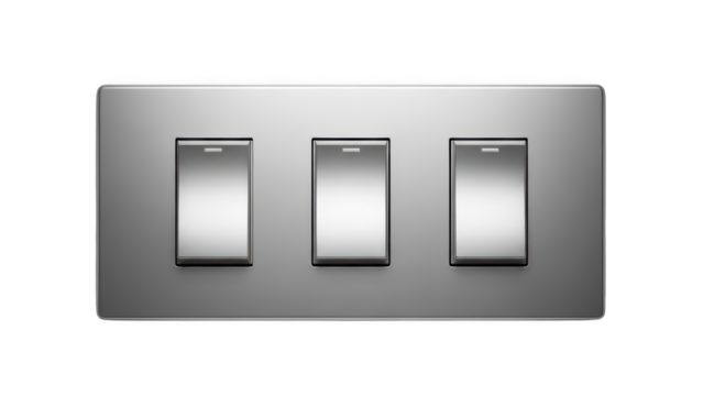 Brushed metal triple light switch plate with three silver toggle buttons in row - Powered by Adobe