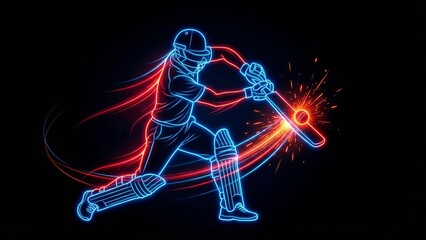 neon cricket batsman hitting glowing ball on dark background