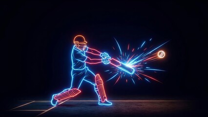neon cricket batsman hitting glowing ball on dark background