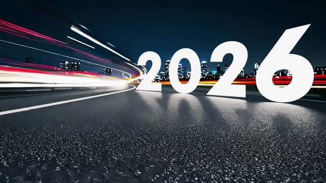 2026年を象徴する夜のハイウェイと都会のスカイライン映像素材（ループ想定）