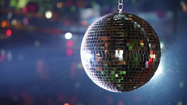 Rotating disco ball reflecting colorful lights across a dark space, creating a vibrant party atmosphere. Shimmering reflections, nightlife energy, dance floor mood, celebration, music and club