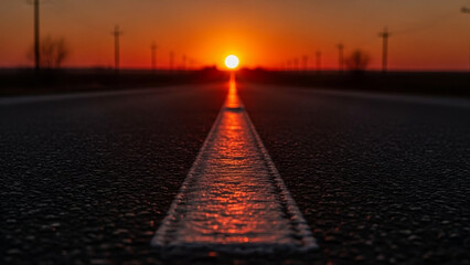 A serene road stretches out towards a vibrant sunset on the horizon