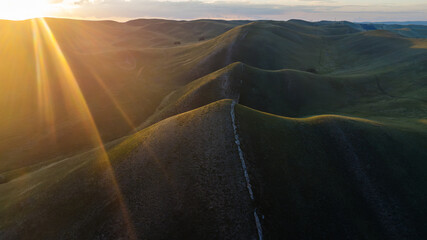 A drone view of the Long Mountains in the Orenburg region at sunset