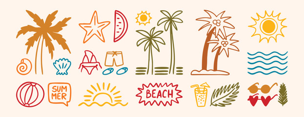 Doodle colorful line icons of palm trees, sun, waves, sunglasses, and beachwear. Palm trees and sun evoke a tropical vibe. Waves and beachwear suggest a summer theme. set, doodle. © Yanka