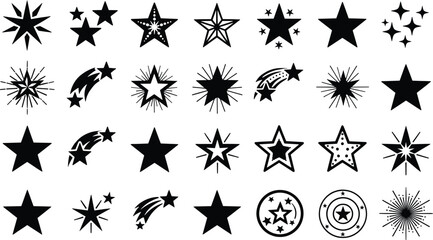 A collection of black stars, starbursts, comet trails, and celestial designs with various patterns, perfect for cosmic, festive, and abstract project themes. © MDABDULLAHAL