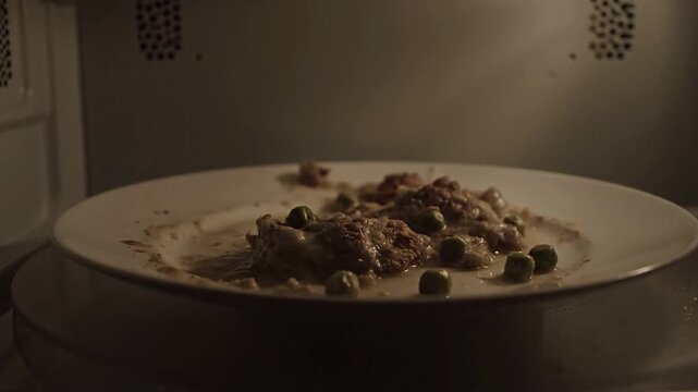 Plate of leftover food reheated inside of a microwave oven.