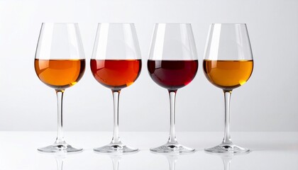 Four Wine Glasses Displaying Different Shades of Red and Amber Beverages