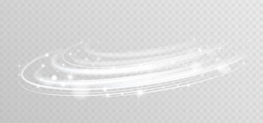 Abstract white light swirl with sparkling particles isolated on transparent background
