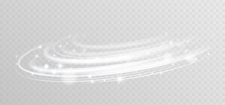 Abstract white light swirl with sparkling particles isolated on transparent background
