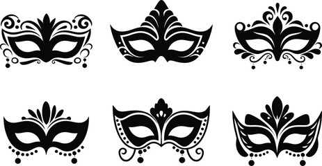 Masquerade Mask Silhouette Vector Collection. Set of decorative black Venetian carnival face masks for Mardi Gras party and costume design