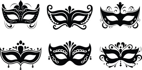 Masquerade Mask Silhouette Vector Collection. Set of decorative black Venetian carnival face masks for Mardi Gras party and costume design