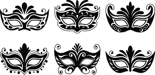 Masquerade Mask Silhouette Vector Collection. Set of decorative black Venetian carnival face masks for Mardi Gras party and costume design