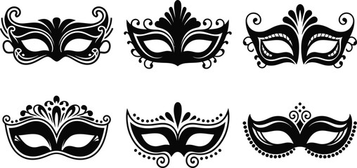 Masquerade Mask Silhouette Vector Collection. Set of decorative black Venetian carnival face masks for Mardi Gras party and costume design