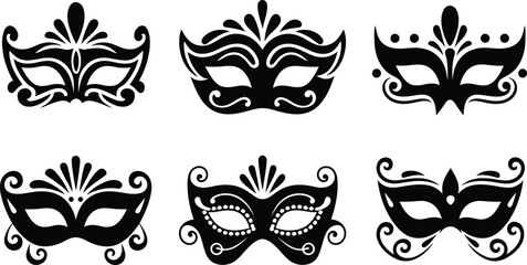 Masquerade Mask Silhouette Vector Collection. Set of decorative black Venetian carnival face masks for Mardi Gras party and costume design
