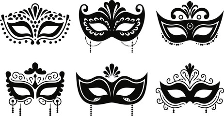 Masquerade Mask Silhouette Vector Collection. Set of decorative black Venetian carnival face masks for Mardi Gras party and costume design